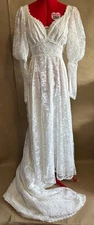 VINTAGE 1970s Restored Alfred Angelo White Wedding Dress w Lace Overlay & Train