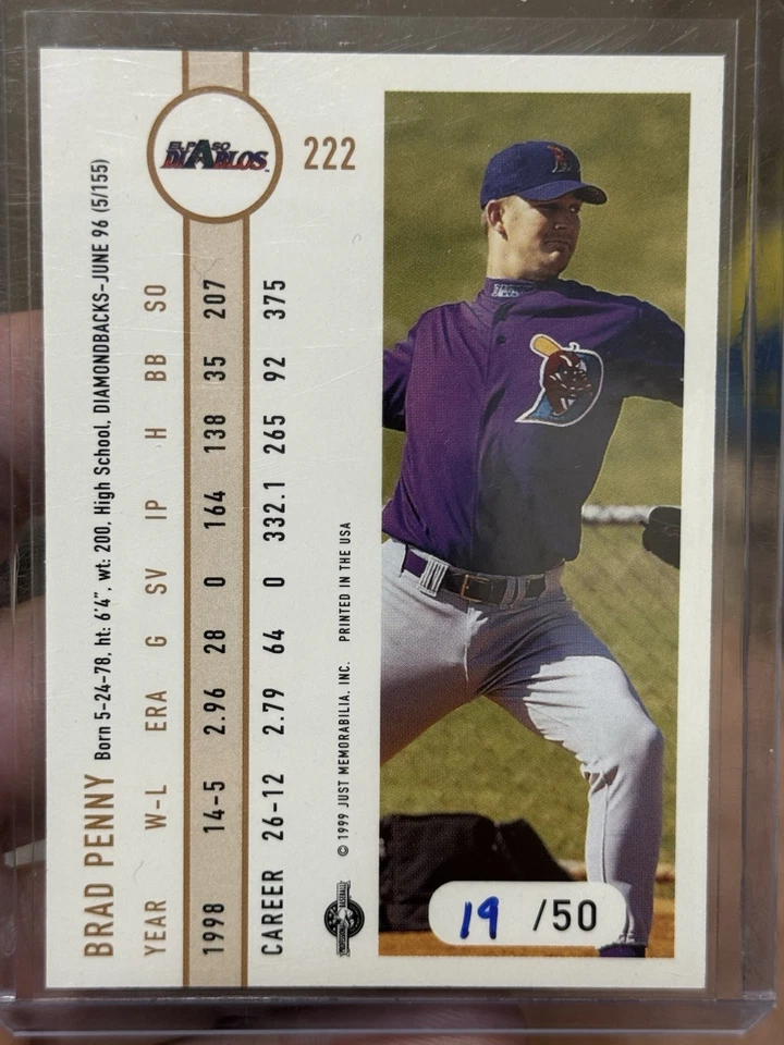 RARO! Just Memorabilia 1999 negro #99 Brad Penny radiocontrol novato Dodgers/50 como nuevo Foto 2 de 2