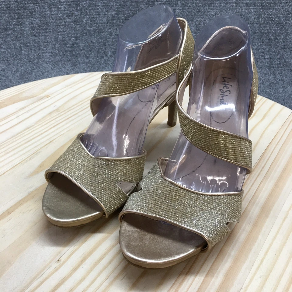 Lifestride 高跟鞋女式 10 宽 Mega 泵金色一脚蹬露趾高跟鞋新品 — 第 3/4 张图片