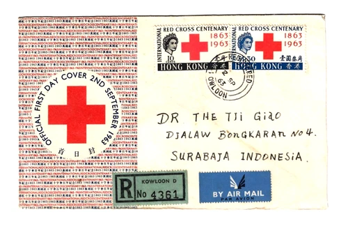 Vintage Hong Kong香港 1963 FDC Red Cross Centenary Registered Airmail to Indonesia