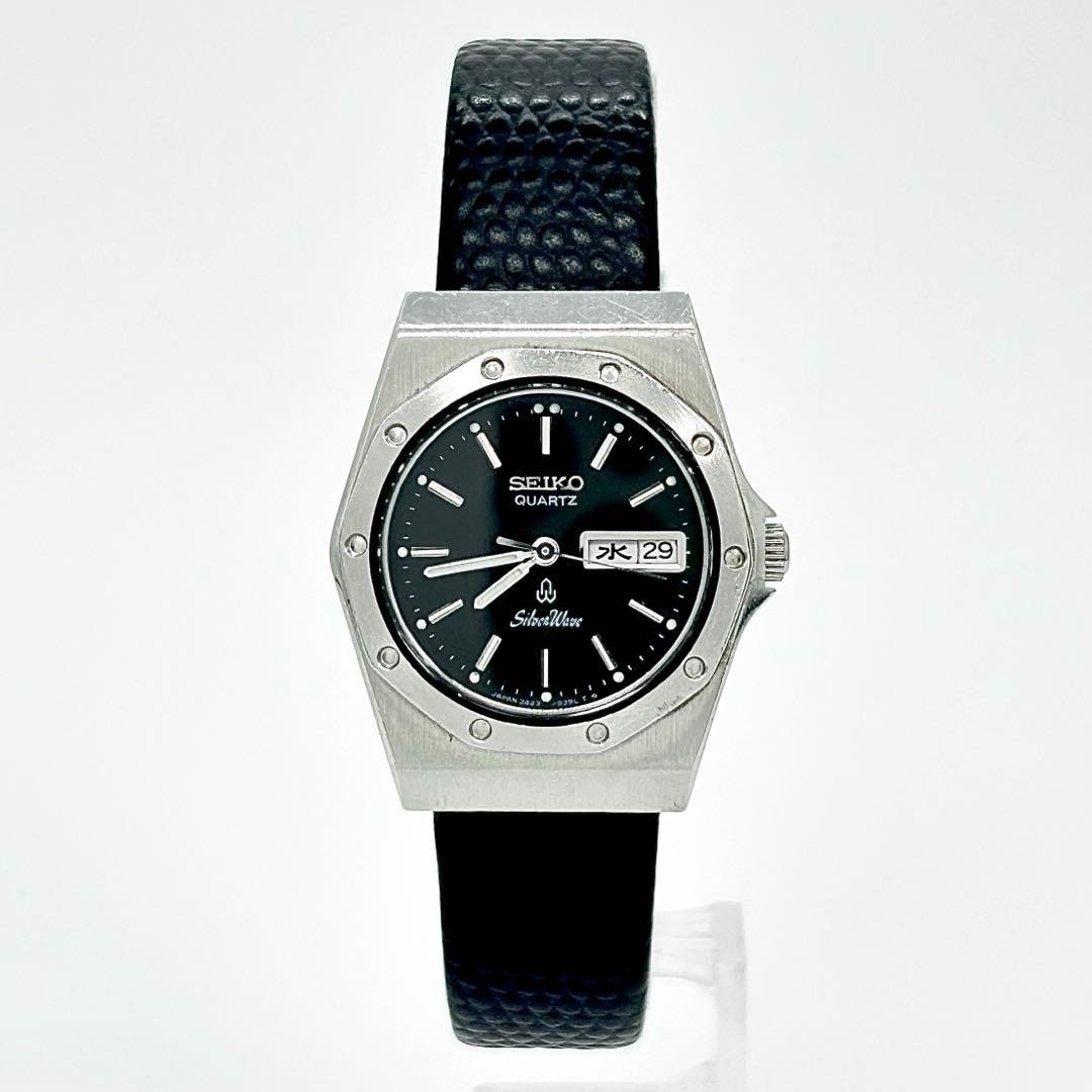 SEIKO Silver Wave 3423-0180 men Quartz Black Dial Silver Watch