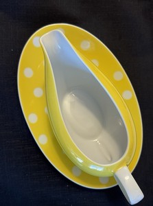 Vintage Fitz & Floyd Gravy Boat & Under Plate Set Yellow With White Dots