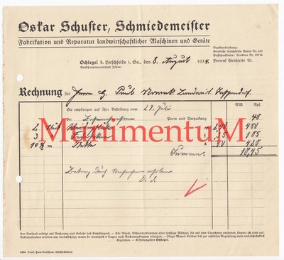 Forge master Oskar Schuster Schlegel near Hirschfelde invoice advertisement 1934