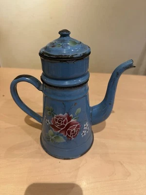 Ancienne Cafetière Emaillee Bleu Fleurs - Photo 1/4