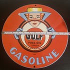 VINTAGE GULF DRIVING LADY GASOLINE MOTOR OIL PORCELAIN SIGN — photo 3