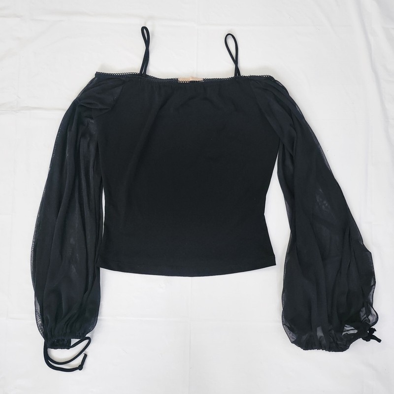 Forever 21 Black Spaghetti Strap Off Shoulder Sheer Sleeve Shirt, Med