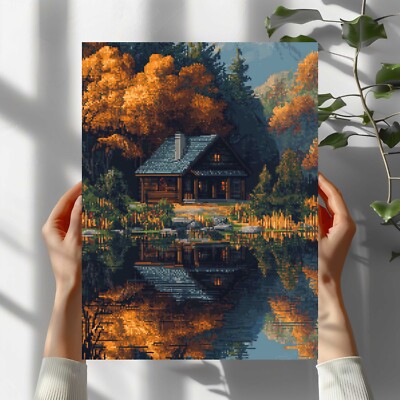 Hütte am See Pixel Art Premium Poster Schöne Wanddeko Dekoration in 40X30 cm