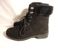 Top Moda Black Winter Boots Faux Suede Fur Cuff Lug Sole Lace Up Women Sz 9