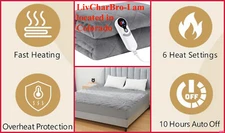 Heated Gray Electric Mattress Pad Full Double Bed Timer 6 Heat 15" Deep Pocket