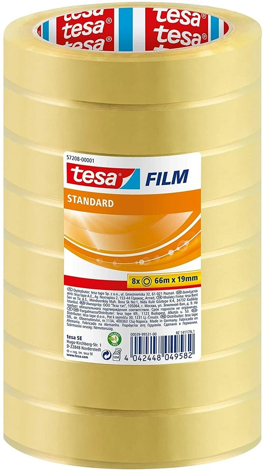 8 x tesafilm 57208 Transparentes Klebeband für Heim und Office - 66m x 19mm