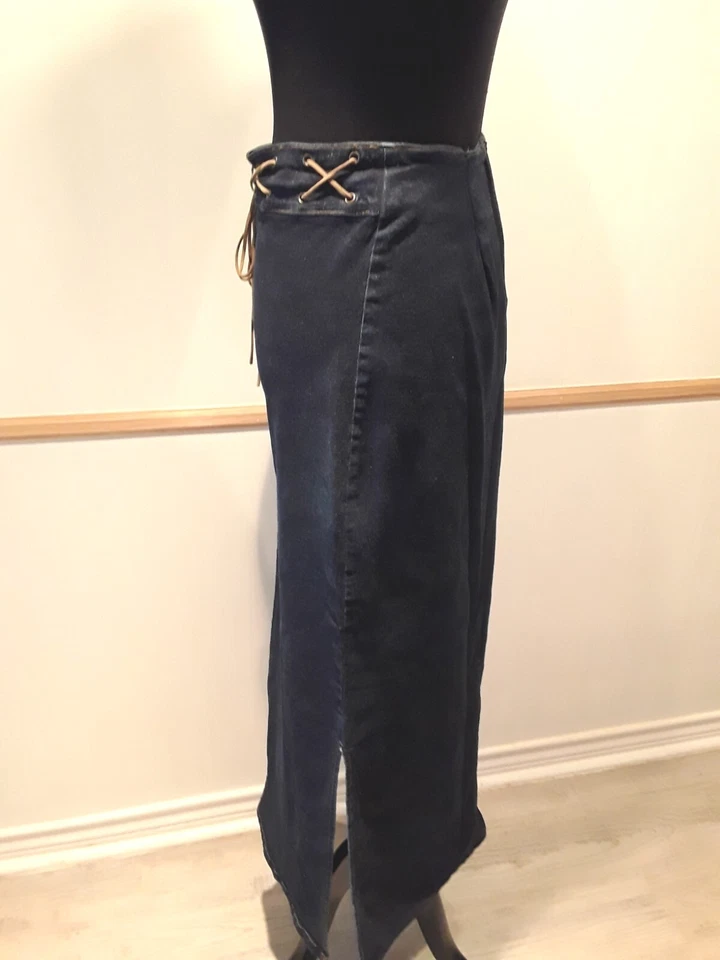 Maxi Falda Elástica Jean Azul Oscuro Denim Cello EE. UU. Corbata Cintura Aberturas Laterales Talla L-M Foto 3 de 4