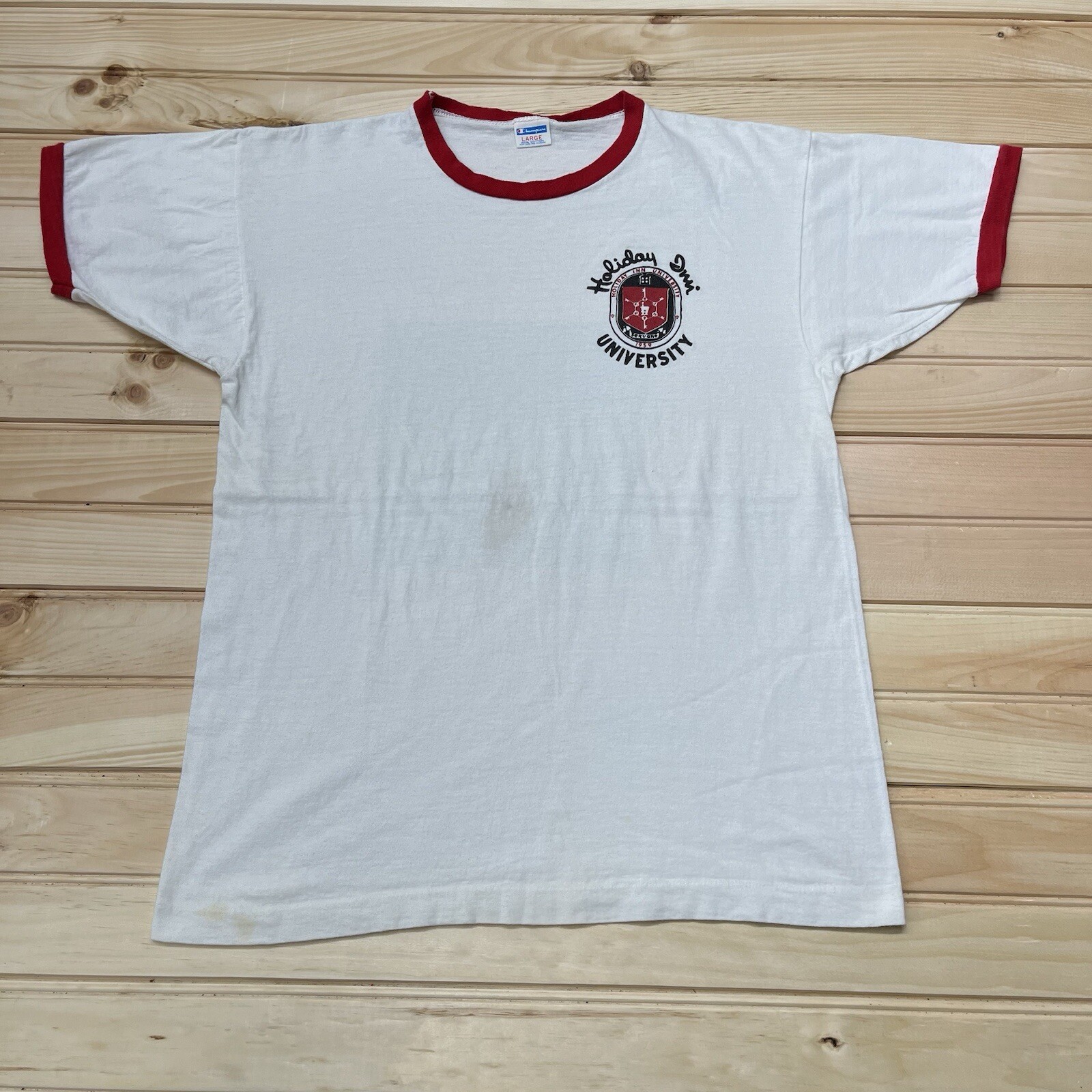 Vintage 70s Champion Holiday Inn University Crest Ringer Tee Size L