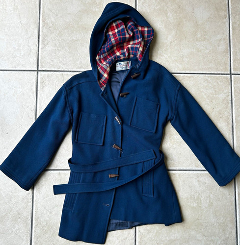 Vtg 70s Pendleton Pierre Cardin Virgin Wool Toggle Duffle Coat Hood Navy Plaid M