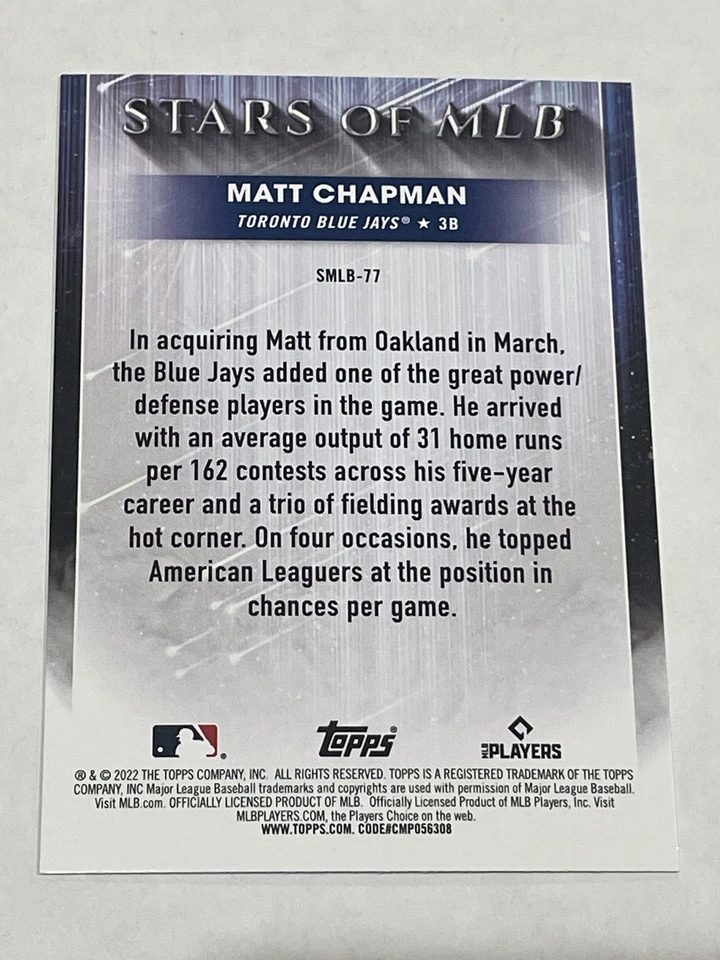 2022 Topps Update Baseball Stars of MLB - Matt Chapman - Toronto Blue Jays - Image 2 of 2