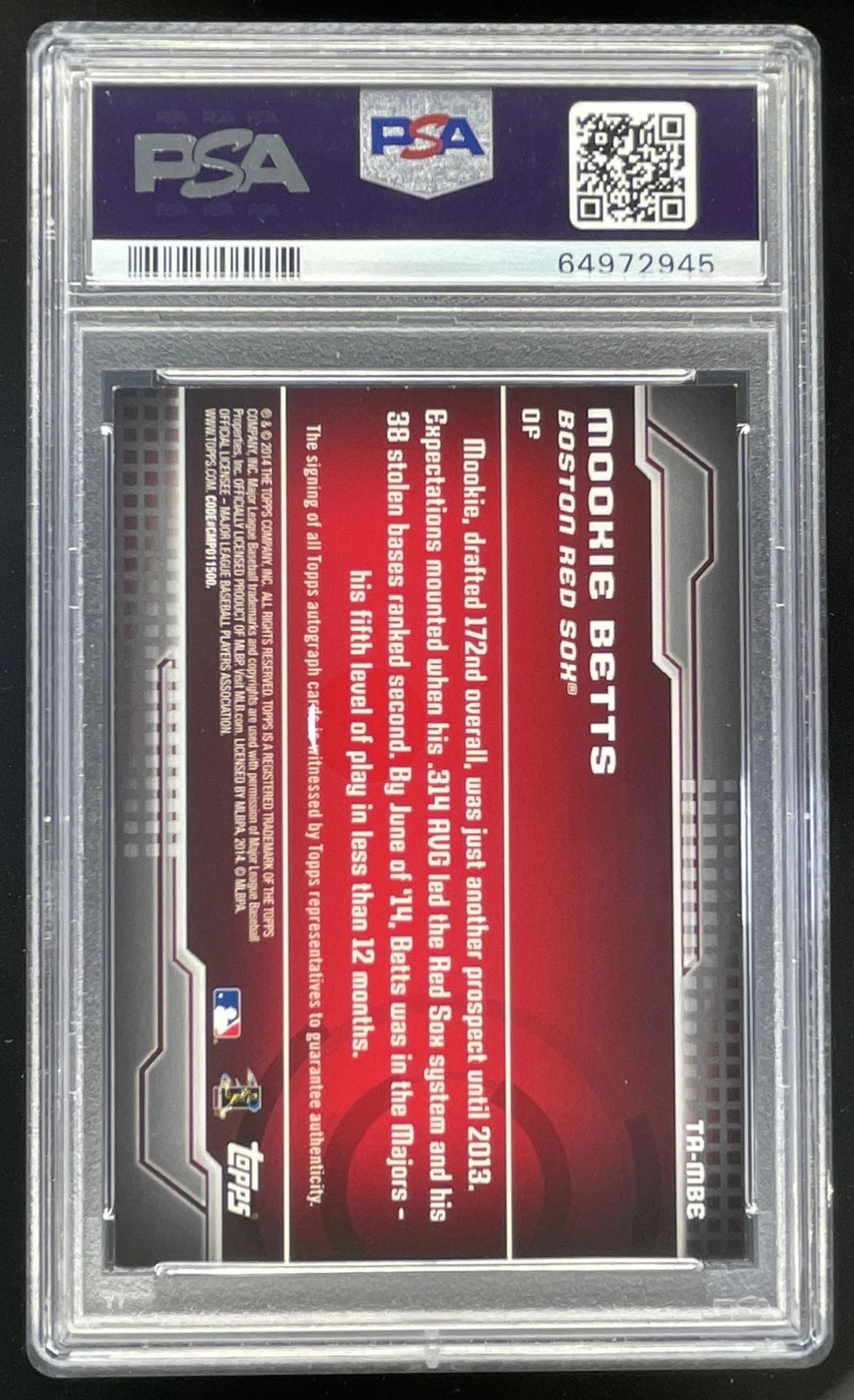 2014 Topps Update Trajectory Autographs #TA-MBE Mookie Betts RC Auto PSA 6 view 2
