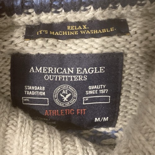 American Eagle Sweater Men MED Beige Blue Fair Isle Shawl Collar Heritage Dad - Picture 8 of 18