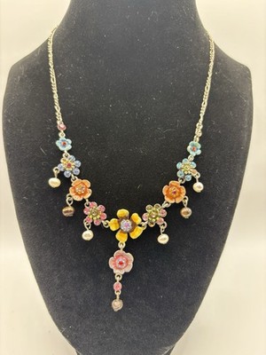 Vintage Cookie Lee Enameled Flower Statement Necklace Colorful Crystal