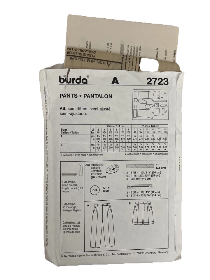 Burda Pattern 2723 Boys' LS / Pants / Shorts  3 ~ 8  Uncut - Image 2 of 2