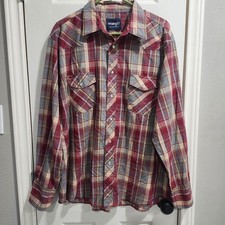 Wrangler Western Shirt Mens XL Plaid Pearl Snap Pink Blue Long Sleeve