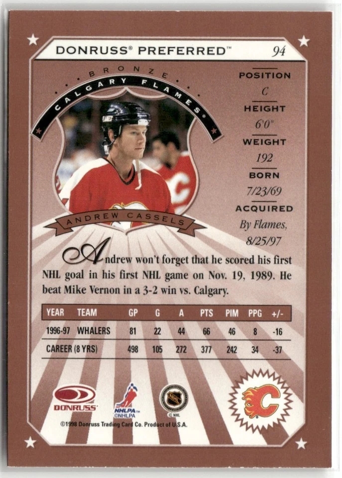1997-98 DONRUSS PREFERRED BRONZE ANDREW CASSELS CALGARY FLAMES #94 - Image 2 of 3