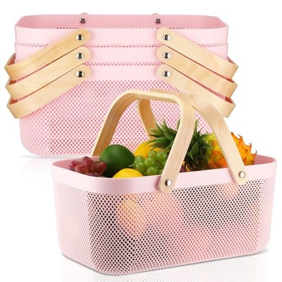 4 Pcs Plastic Mesh Garden Harvest Basket Storage Basket with Wooden Handle Mu...