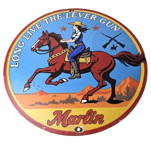 Vintage Marlin Firearms Porcelain Sign - Long Live Lever Gun Advertisement Sign