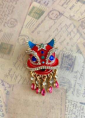 Red Enamel Chinese Lion Dance Mask Brooch Pink Rhinestone Dangle Fringe