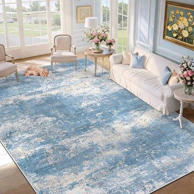 6x9 Area Rugs for Living Room: Washable Modern Abstract Blue Rug Large Non Sl...