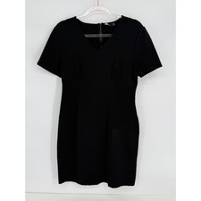 Noir Womens Black Mixed Media Textured V-Neck Sheath Dress Short Sleeve Sz L