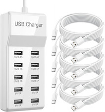 10-Port USB Charging Station 50W 10A with 5-Pack USB-A to C Cables, Ultra-Compac