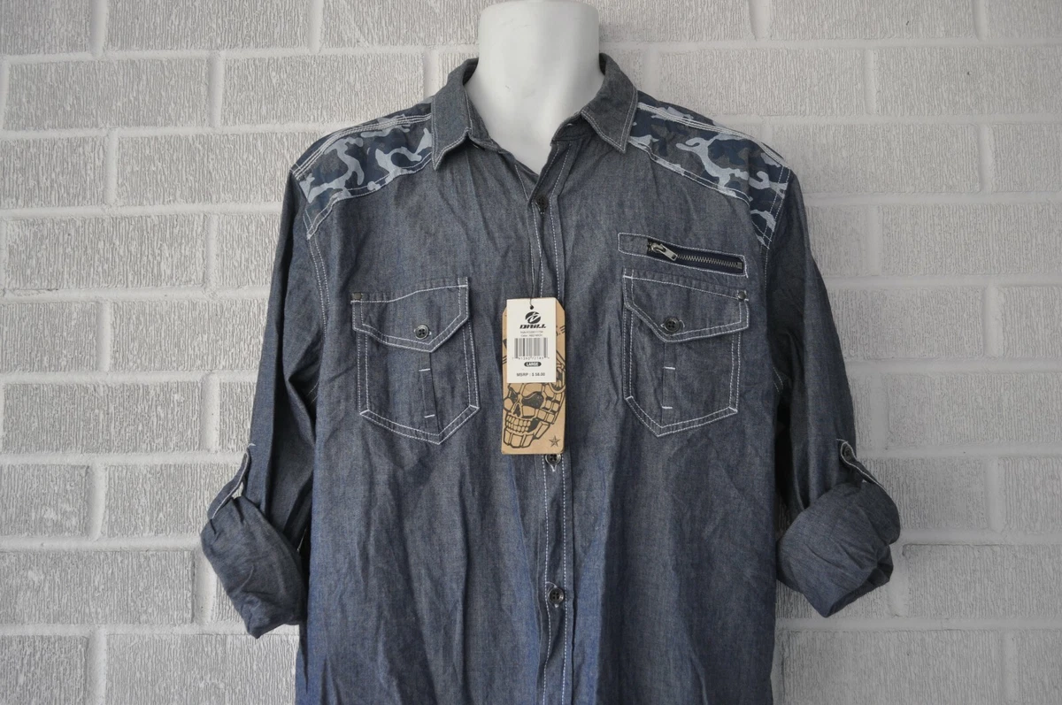 Drill Clothing Company Men s Washed Denim Camo L S Shirt Large NWT