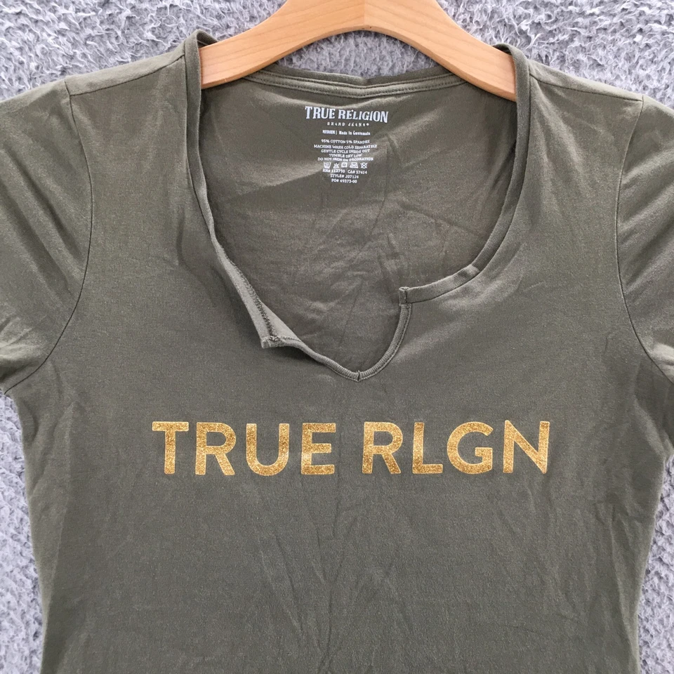 Camiseta corta True Religion para mujer M verde mezcla de algodón manga gorra pulóver Foto 2 de 4