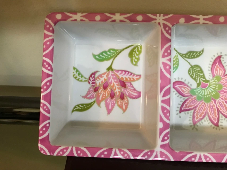 Cynthia Rowley NY Melamina BANDEJA PARA SERVIR FLORAL 3 Compartimentos Servidor 14-3/4" Largo Foto 3 de 4