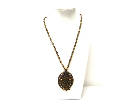 Large Fleur De Lis Vintage Brass Pendant on Oval Brass Filigree Pendant Necklace