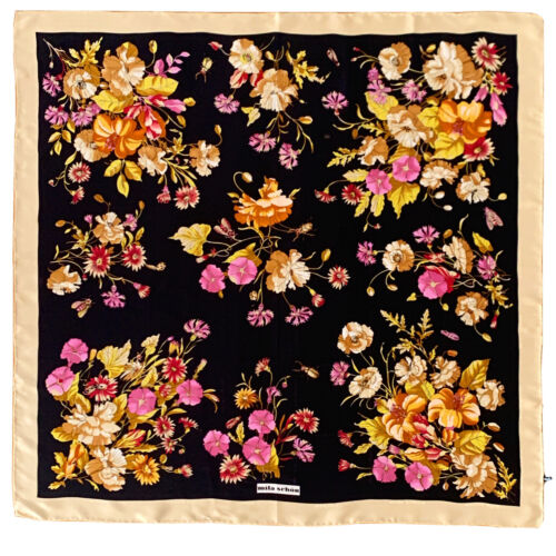 MILA SCHON FLORAL BLACK LARGE silk scarf 35 in #A… - image 1