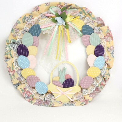 Vintage Handmade Wooden Hoop Easter Wreath w/Ribbons, Lace, Fabric, Painted Eggs