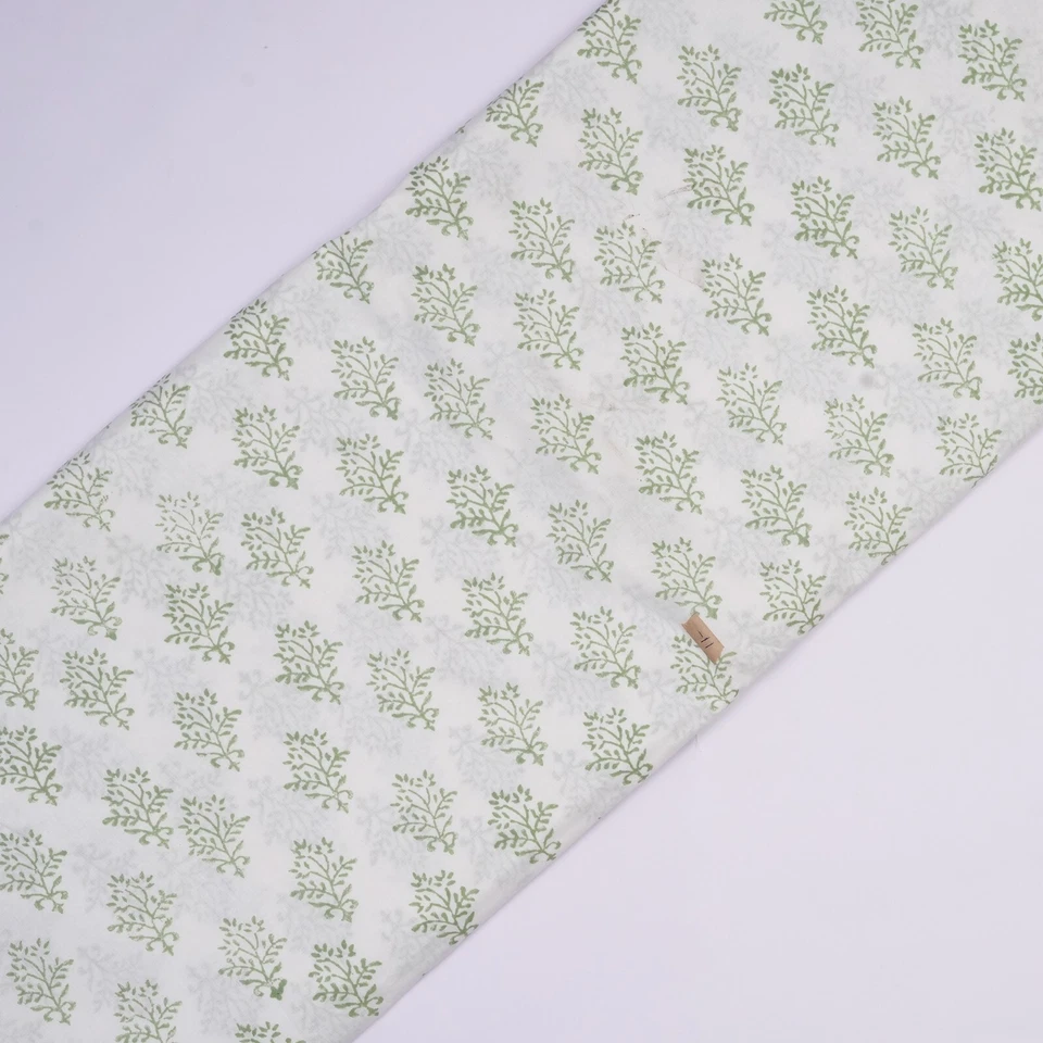 Indian Hand Block Print Fabric Green Cotton Sanganeri Print Fabric by the 1 Yard - Image 4 of 4