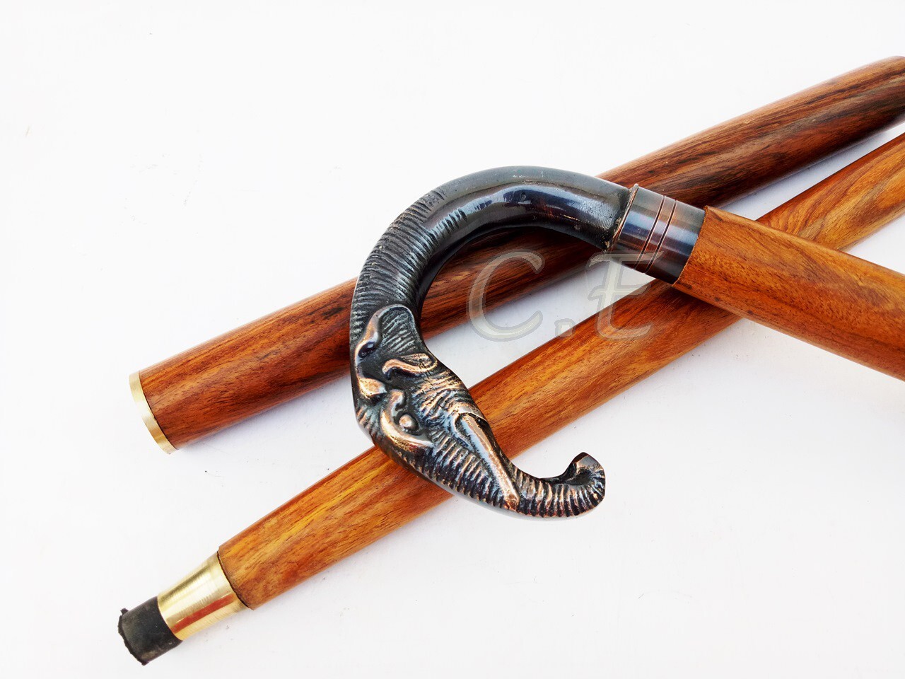 Vintage Solid Brass Head Handle Style Wooden Walk… - image 1