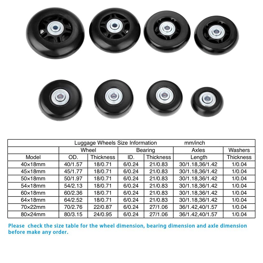 2 Set Luggage Suitcase Replacement Wheels OD  40mm/45mm/50mm/54mm/64mm/70mm/80mm