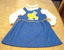 Vintage Little One Girls Denim Jumper White LS White Pullover Top Size 3T Ducks