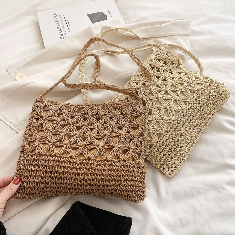 Handmade Knitted Straw Handbags Square Shoulder Crossbody Bag