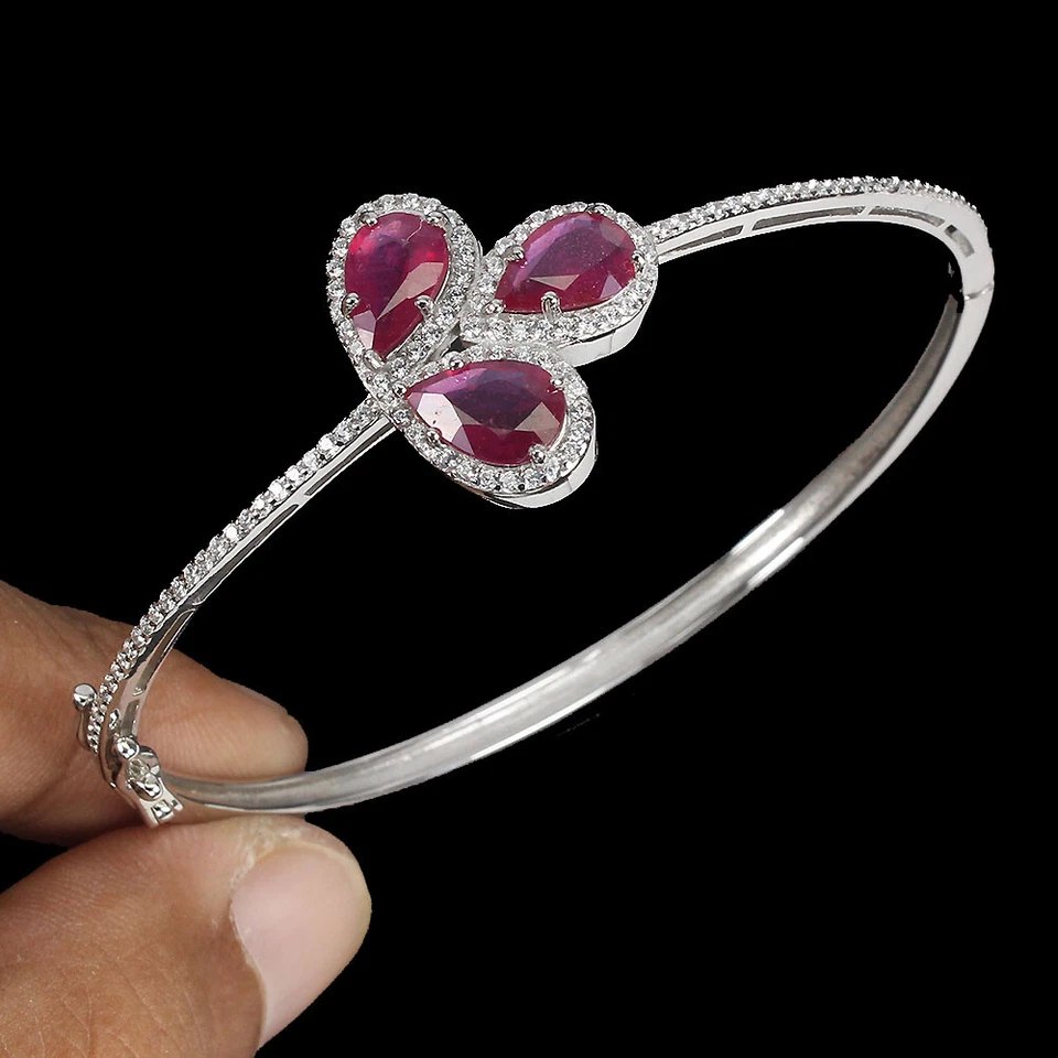 925 Sterling Silver Bangle Pear Ruby 9x6mm Simulated Cz Natural Gemstone Jewelry - Image 2 of 4