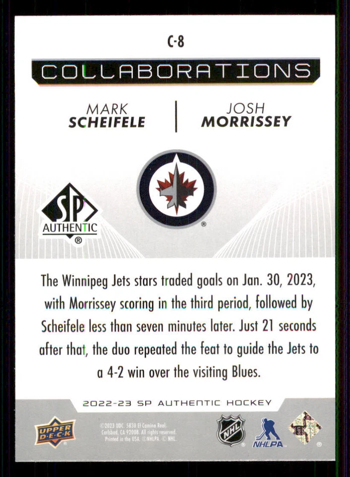2022-23 SP Authentic Collaborations #C8 Mark Scheifele/Josh Morrissey - Image 2 of 2