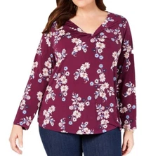 Style & Co Womens Plus 1X Party Garden Purple Long Sleeve Twist VNeck Top NWTA68