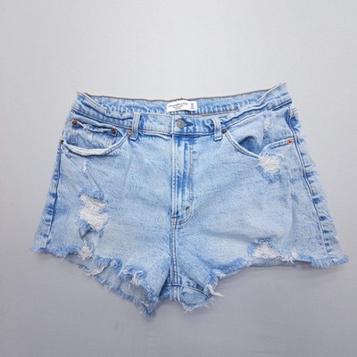 Abercrombie & Fitch The Mom Short High Rise Size 14 / 32 Blue Distressed Denim