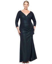 XSCAPE Metallic-Threaded Gathered-Waist Dress Green Plus Size 18W MSRP $269