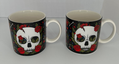 True Crime Addict Coffee Tea Mug Black Red Roses Flowers Skull Matching Pair