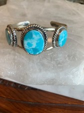 VINTAGE MEXICO TURQUOISE CUFF BRACELET SILVER TONE TRIPLE STONE ROPE BEZEL CUFF