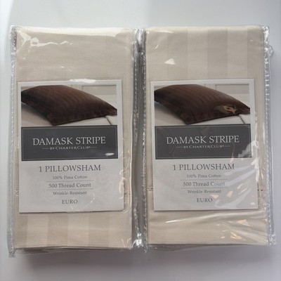 2 Charter Club Damask Stripe design Cream Euro Pillow Shams 26 X 26 Pima Cotton