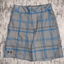 Boys Under Armour Plaid Golf Shorts Gray Blue Youth Small Flat Front Adj Waist